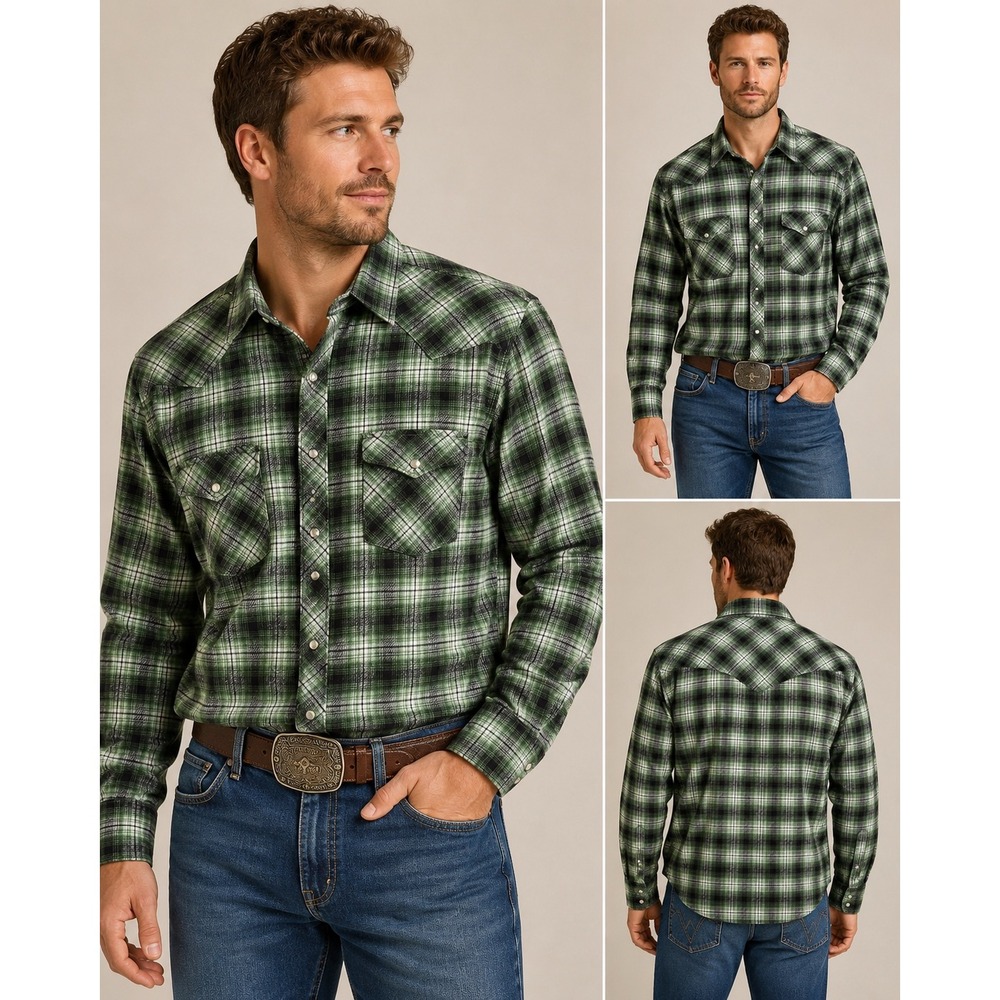 Wrangler Wrancher‎ Western Pearl Snap Green Black Plaid Flannel Cowboy Large